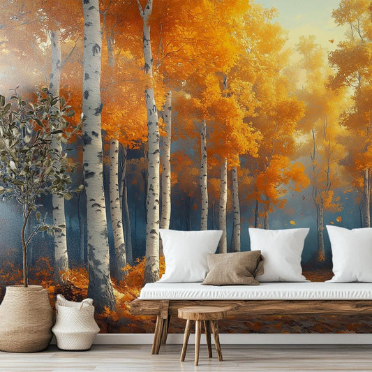 Golden Birch Forest Autumn Coastal Wallpaper – room setting, Golden Era Walls