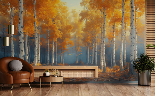 Golden Birch Forest Autumn Coastal Wallpaper – peel and stick wallpaper mural, Golden Era Walls