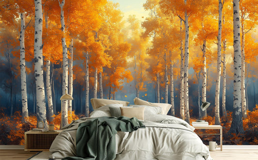 Golden Birch Forest Autumn Coastal Wallpaper – detail view, Golden Era Walls
