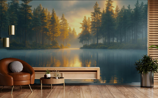 Golden Hour Pine Forest Wallpaper – detail view, Golden Era Walls