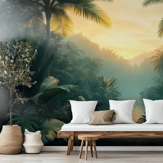 Golden Hour Rainforest Exotic Tropical Wallpaper – room setting, Golden Era Walls