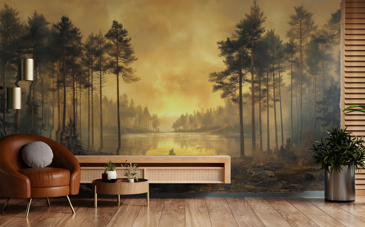 Golden Sunset Forest Tranquil Wallpaper – room setting, Golden Era Walls