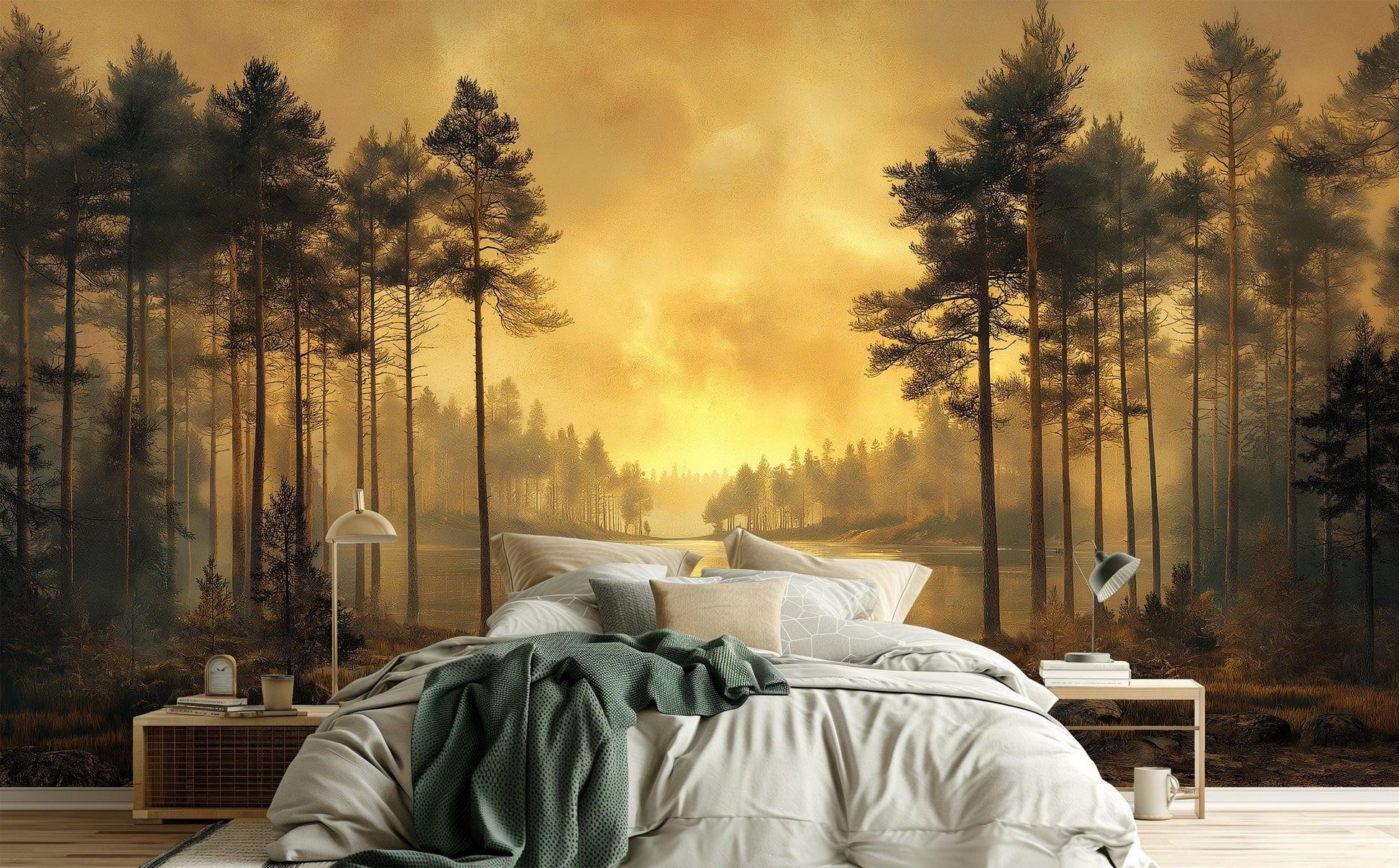 Golden Sunset Forest Tranquil Wallpaper – scale reference, Golden Era Walls