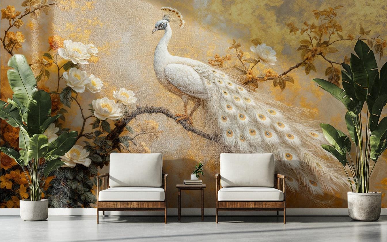 Golden White Peacock Renter Floral Wallpaper – peel and stick wallpaper mural, Golden Era Walls