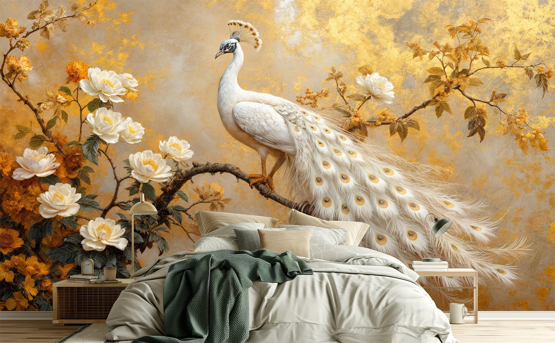 Golden White Peacock Renter Floral Wallpaper – scale reference, Golden Era Walls
