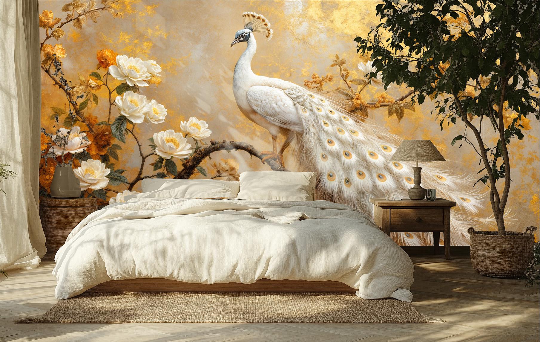 Golden White Peacock Renter Floral Wallpaper – lifestyle view, Golden Era Walls
