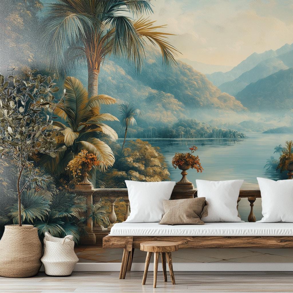 Grand Tropical Landscape Vintage Floral Wallpaper – room setting, Golden Era Walls