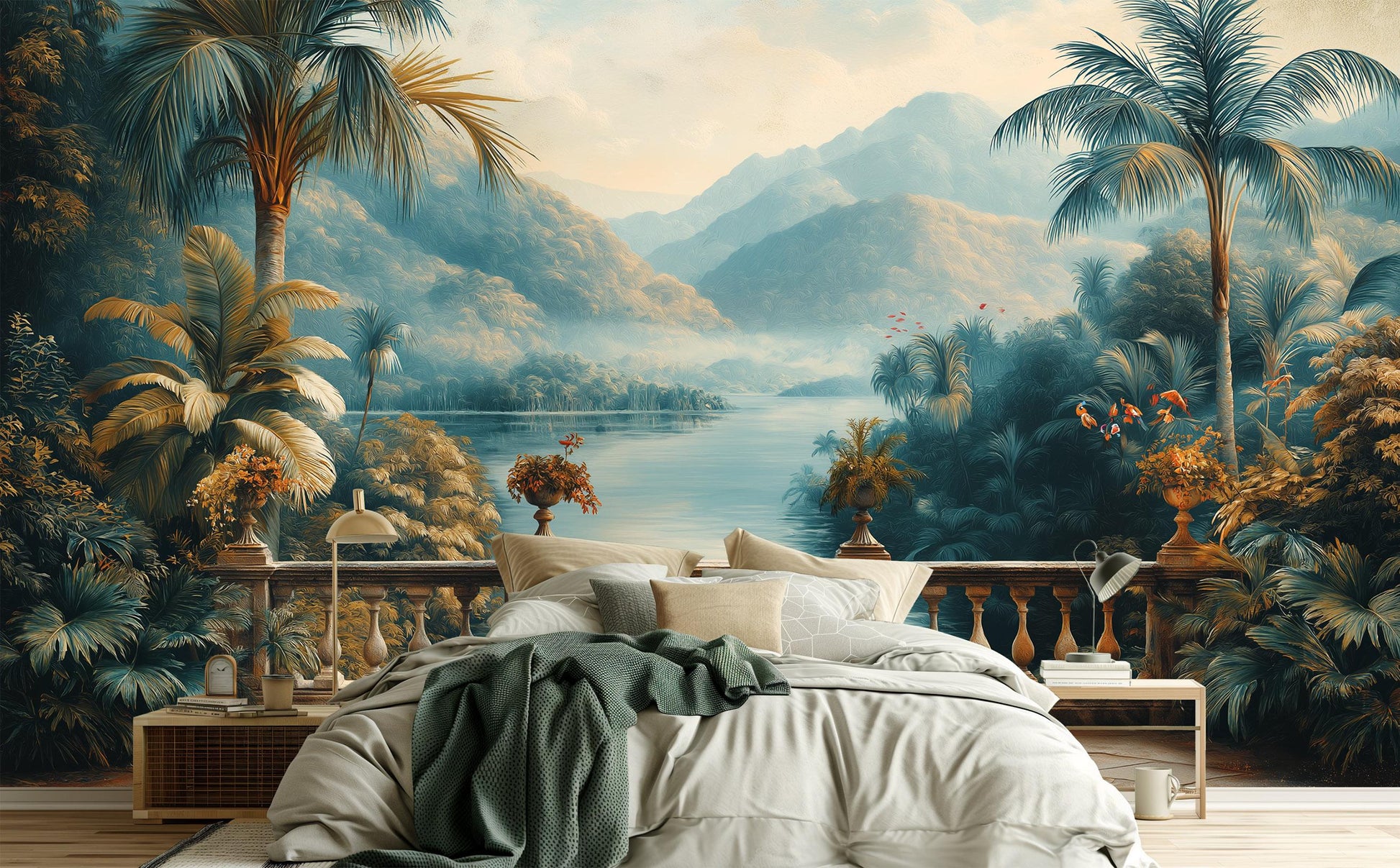 Grand Tropical Landscape Vintage Floral Wallpaper – peel and stick wallpaper mural, Golden Era Walls