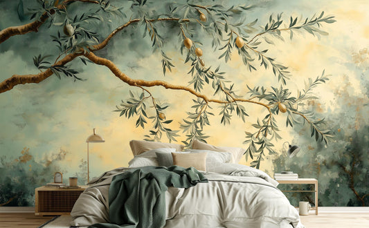 Hand Painted Olive Branch Floral Wallpaper – room setting, Golden Era Walls