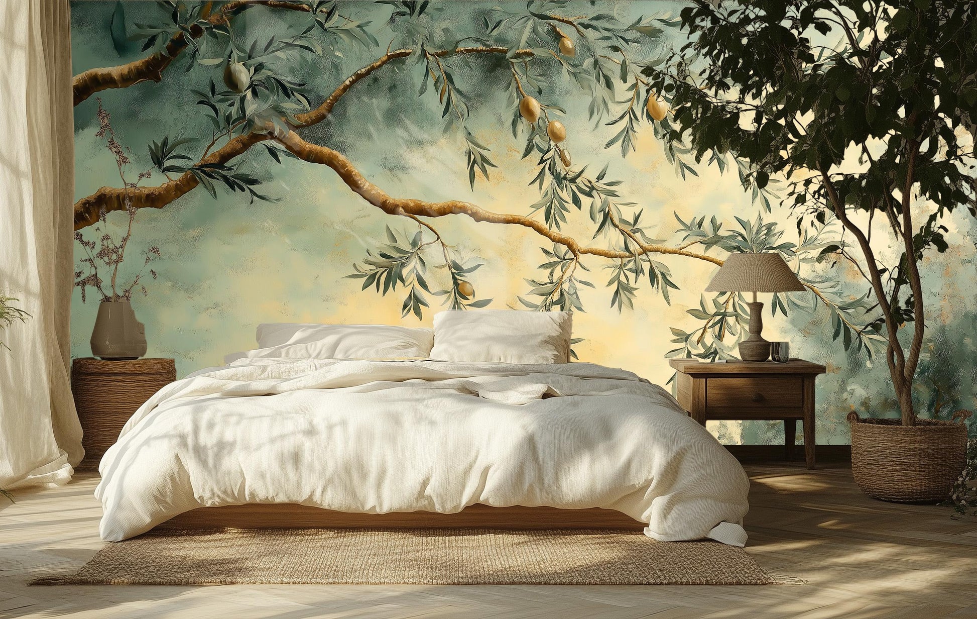 Hand Painted Olive Branch Floral Wallpaper – detail view, Golden Era Walls