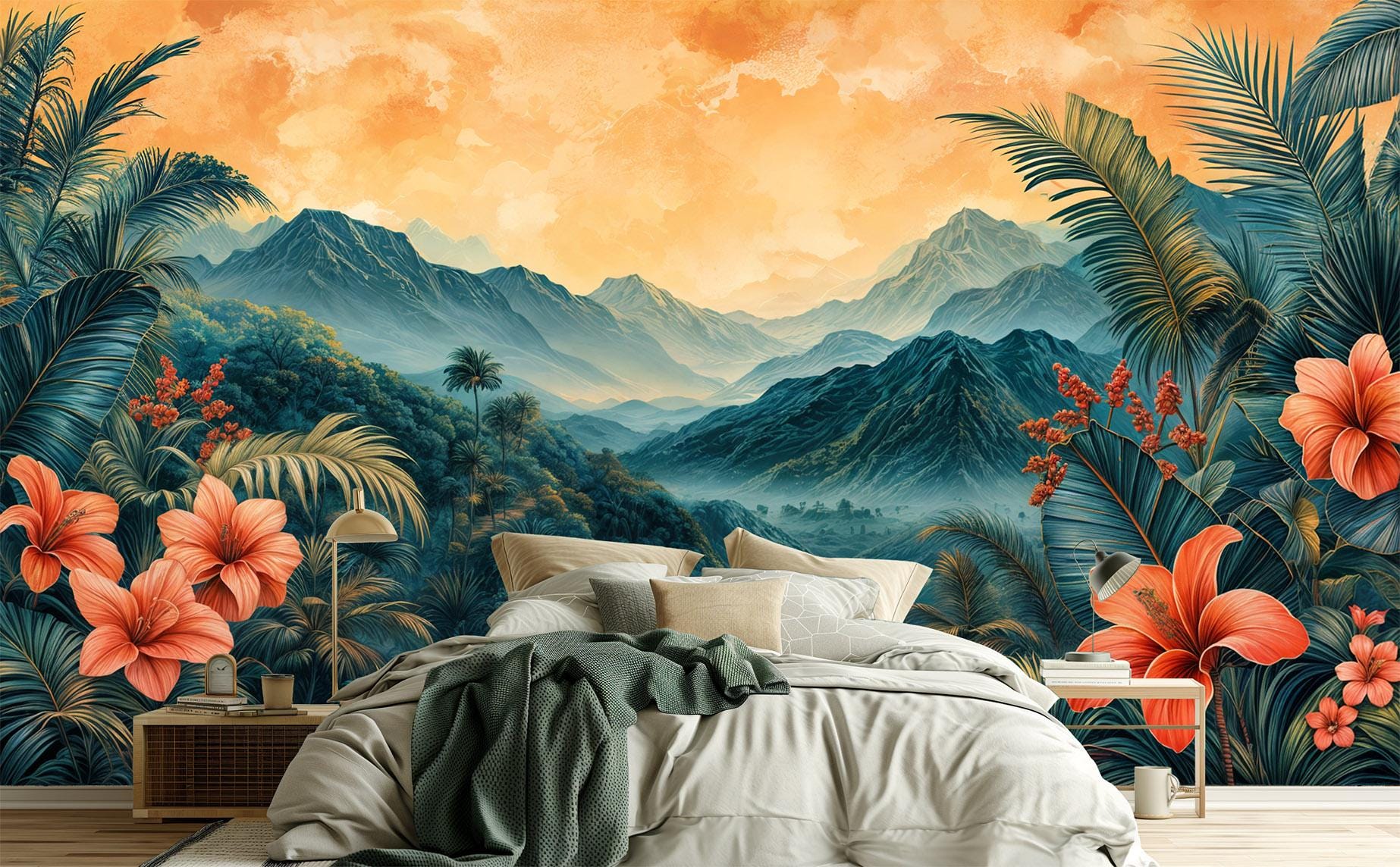 Hawaiian Paradise Renter Friendly Floral Wallpaper – peel and stick wallpaper mural, Golden Era Walls