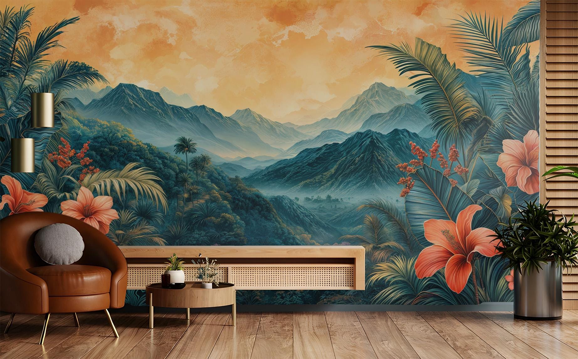 Hawaiian Paradise Renter Friendly Floral Wallpaper – scale reference, Golden Era Walls