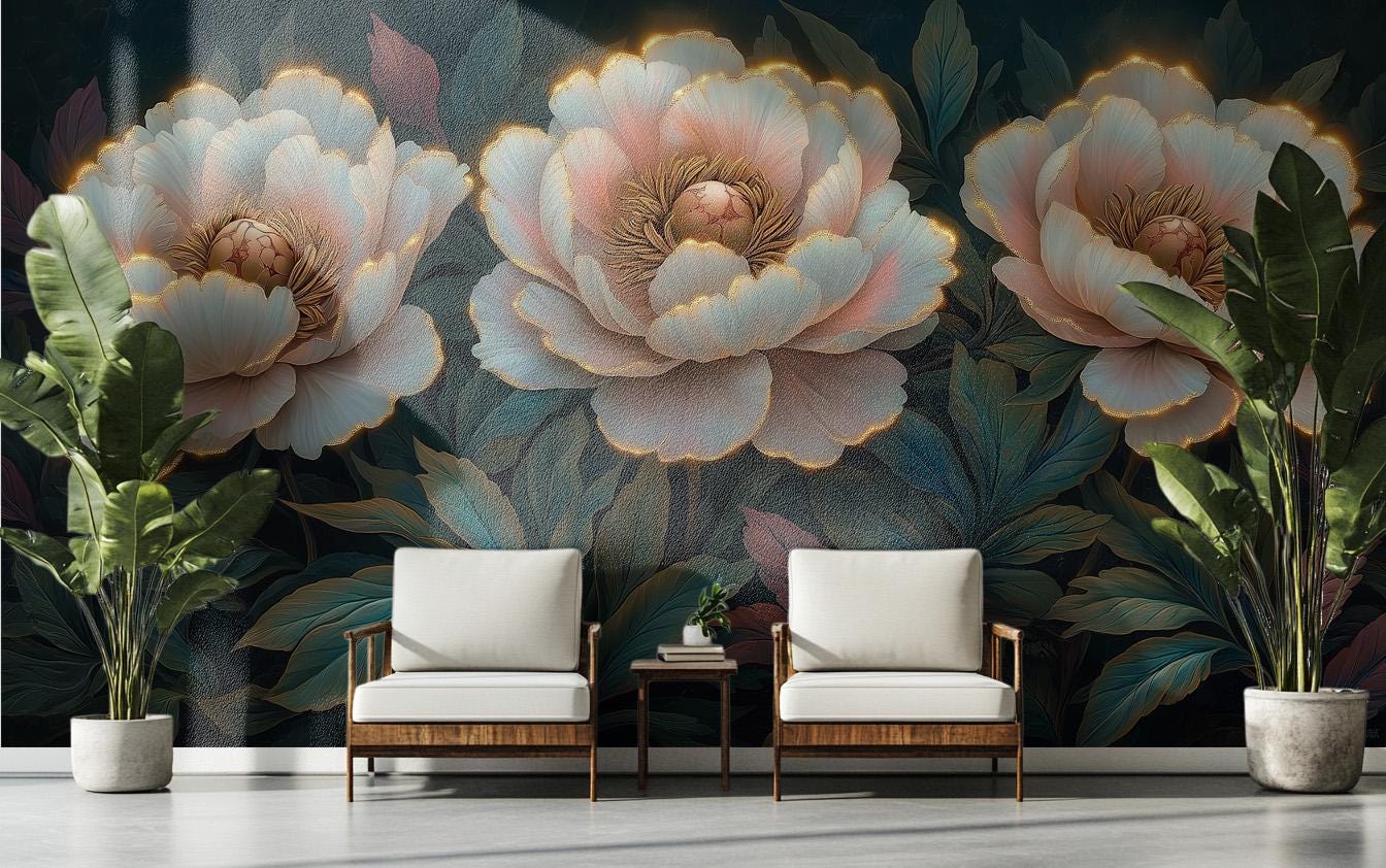 Hyper Realistic Peony Blossom Floral Wallpaper – detail view, Golden Era Walls