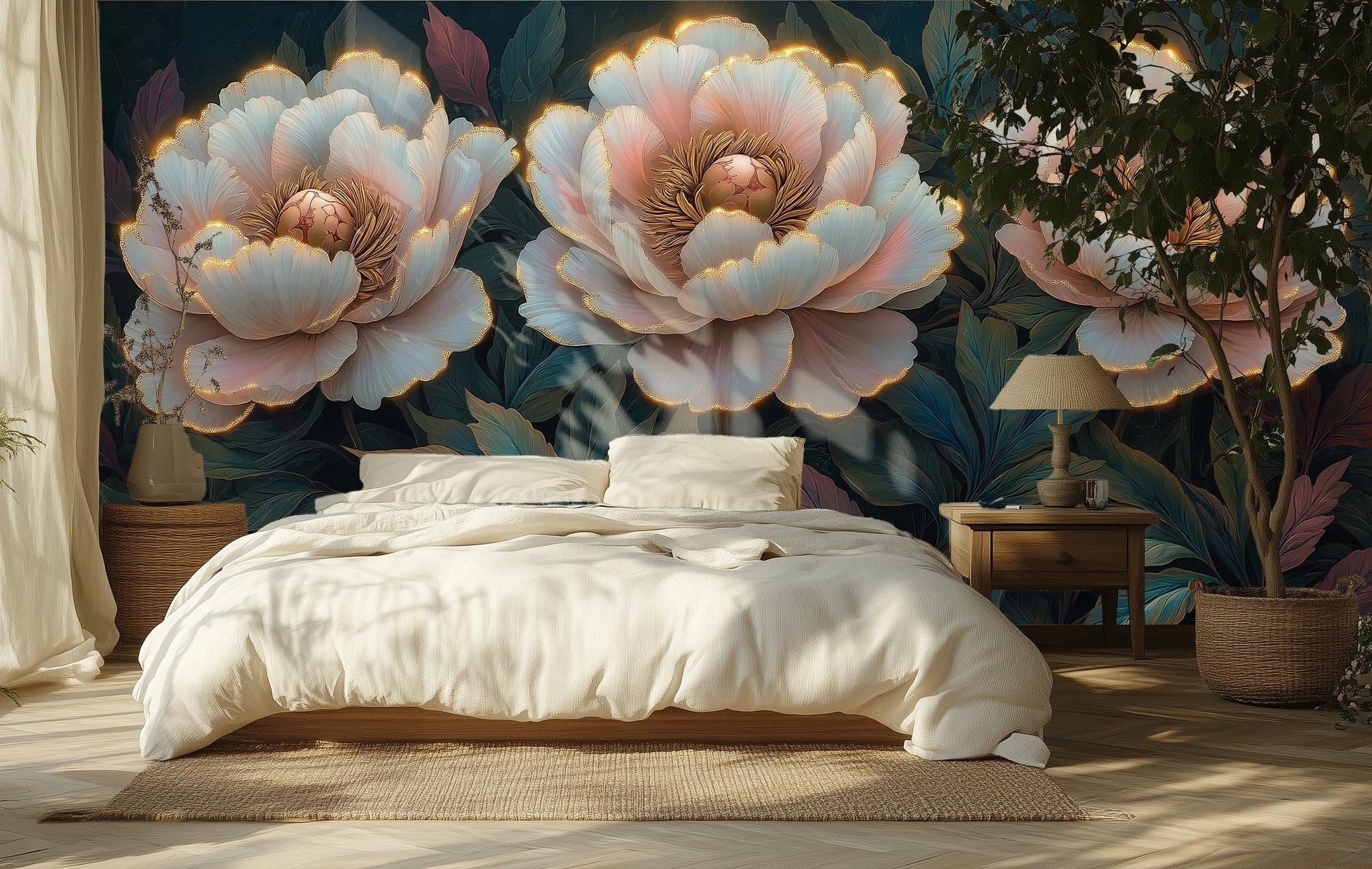 Hyper Realistic Peony Blossom Floral Wallpaper – room setting, Golden Era Walls