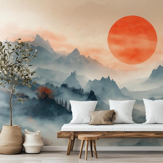 Japanese Sunrise Art Misty Wallpaper – room setting, Golden Era Walls
