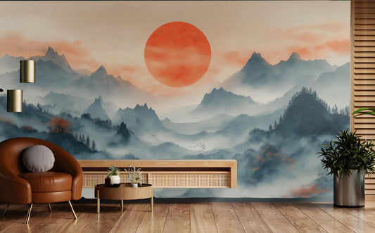 Japanese Sunrise Art Misty Wallpaper – lifestyle view, Golden Era Walls