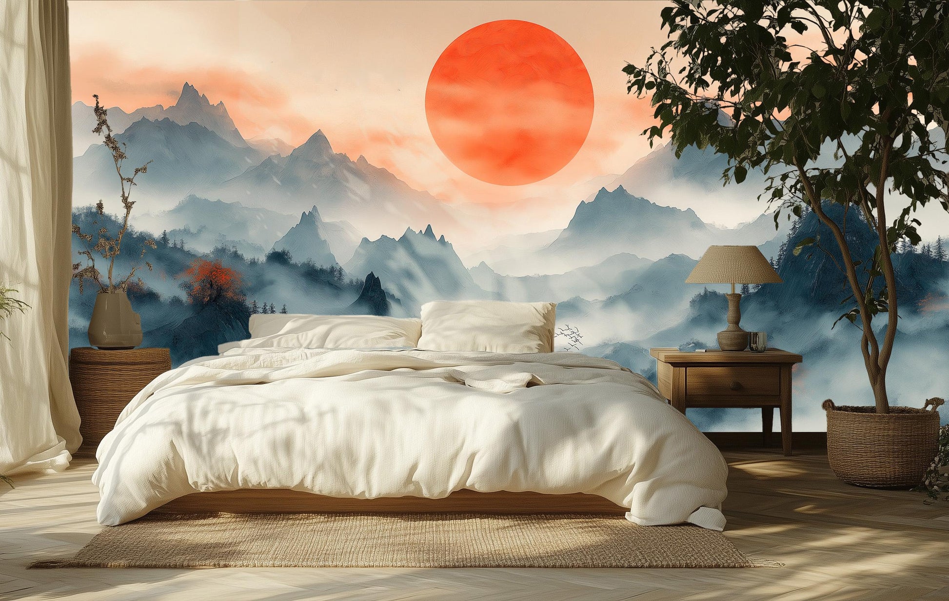 Japanese Sunrise Art Misty Wallpaper – scale reference, Golden Era Walls