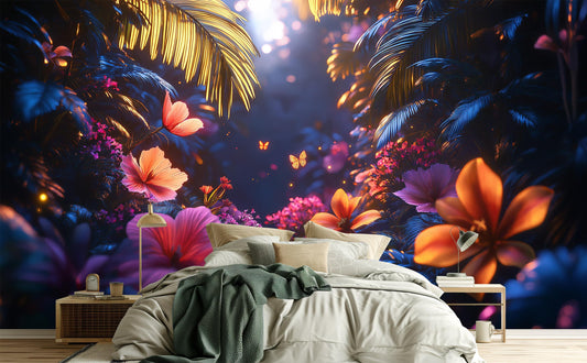 Luminous Exotic Garden Vibrant Floral Wallpaper – lifestyle view, Golden Era Walls