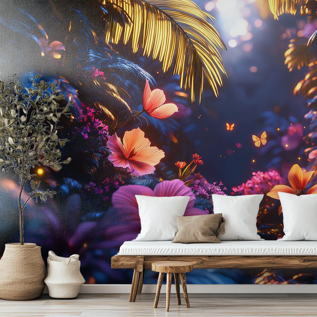 Luminous Exotic Garden Vibrant Floral Wallpaper – room setting, Golden Era Walls