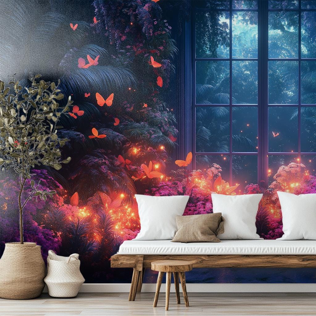 Luminous Tropical Flowers Butterflies Floral Wallpaper – lifestyle view, Golden Era Walls