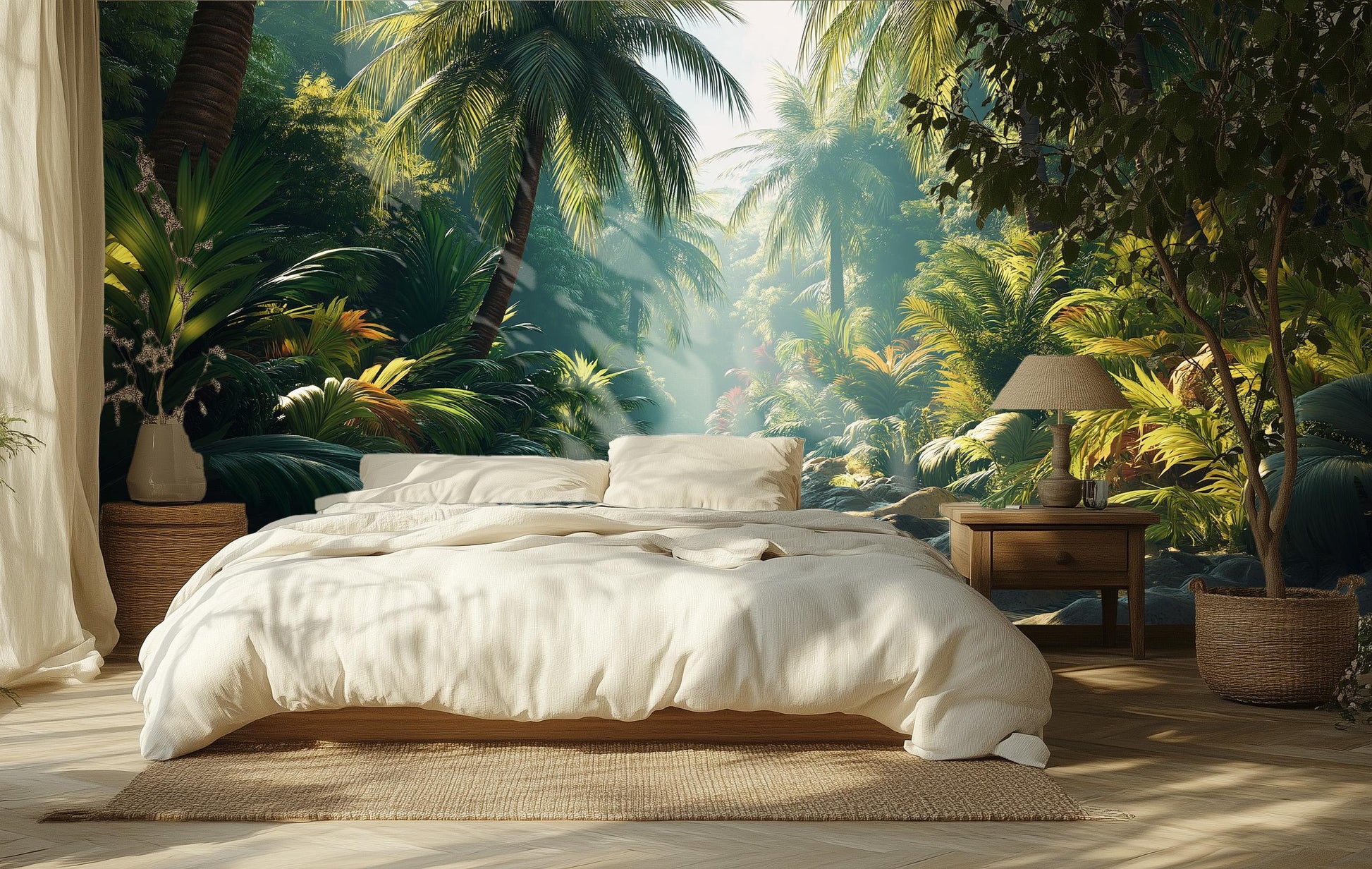 Lush Palm Jungle or Floral Wallpaper – lifestyle view, Golden Era Walls