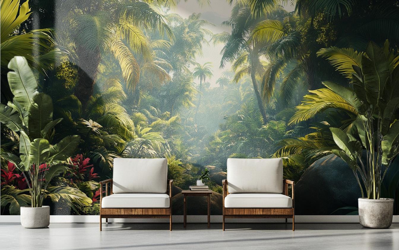 Lush Tropical Jungle Print Floral Wallpaper – detail view, Golden Era Walls