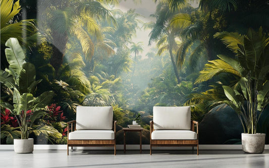 Lush Tropical Jungle Print Floral Wallpaper – detail view, Golden Era Walls