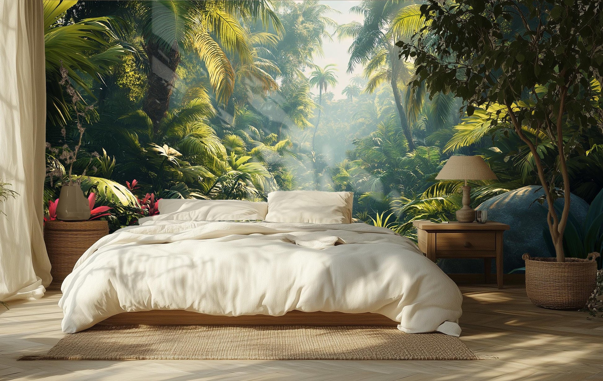 Lush Tropical Jungle Print Floral Wallpaper – scale reference, Golden Era Walls