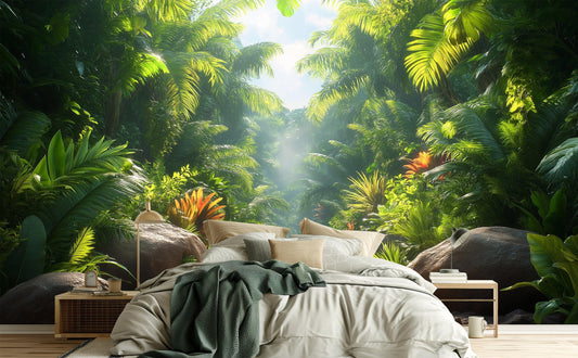 Lush Tropical Jungle Art Floral Wallpaper – room setting, Golden Era Walls