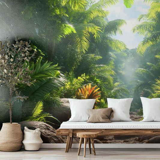 Lush Tropical Jungle Art Floral Wallpaper – lifestyle view, Golden Era Walls