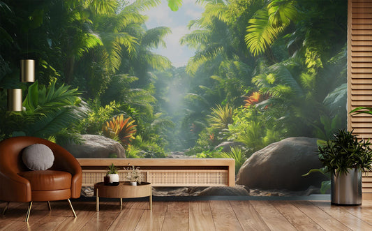 Lush Tropical Jungle Art Floral Wallpaper – detail view, Golden Era Walls