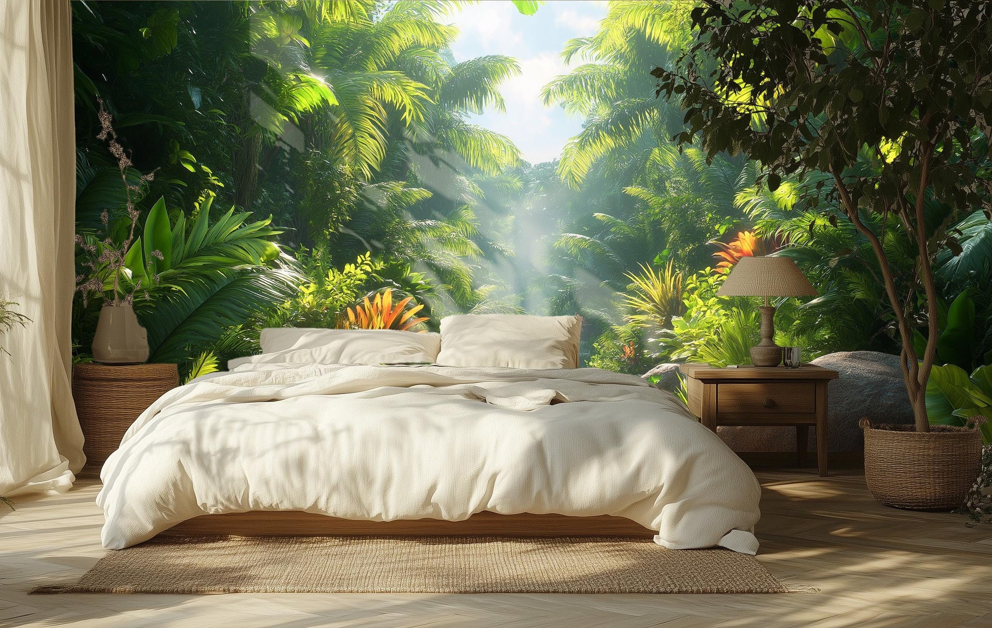 Lush Tropical Jungle Art Floral Wallpaper – scale reference, Golden Era Walls