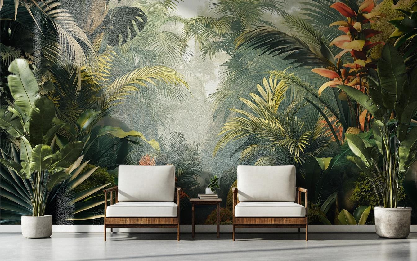 Lush Tropical Jungle Exotic Floral Wallpaper – scale reference, Golden Era Walls