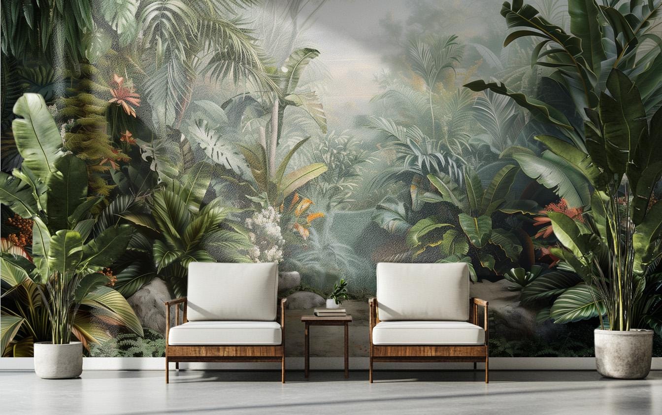 Lush Tropical Jungle Exotic Floral Wallpaper – room setting, Golden Era Walls