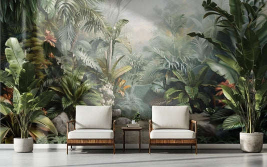 Lush Tropical Jungle Exotic Floral Wallpaper – room setting, Golden Era Walls