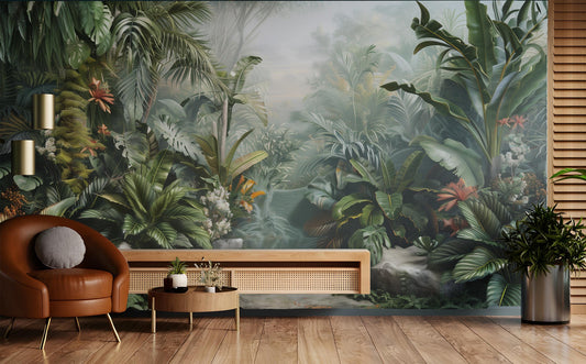 Lush Tropical Jungle Exotic Floral Wallpaper – detail view, Golden Era Walls