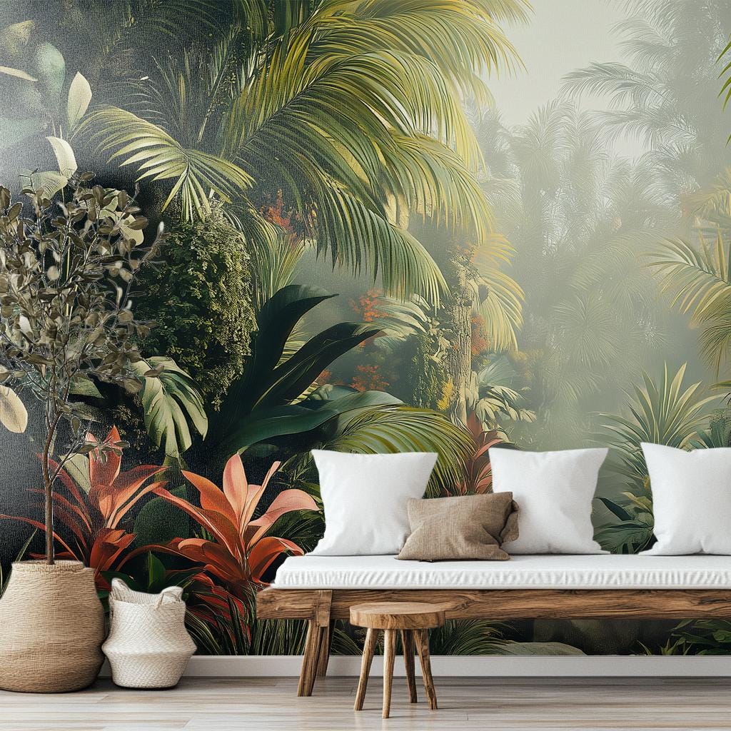 Lush Tropical Jungle Misty Floral Wallpaper – lifestyle view, Golden Era Walls