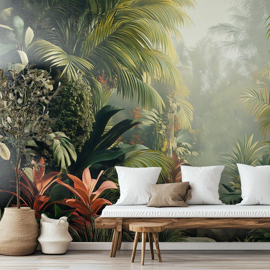 Lush Tropical Jungle Misty Floral Wallpaper – lifestyle view, Golden Era Walls