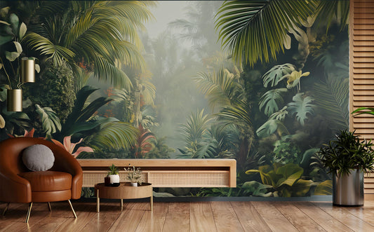 Lush Tropical Jungle Misty Floral Wallpaper – detail view, Golden Era Walls