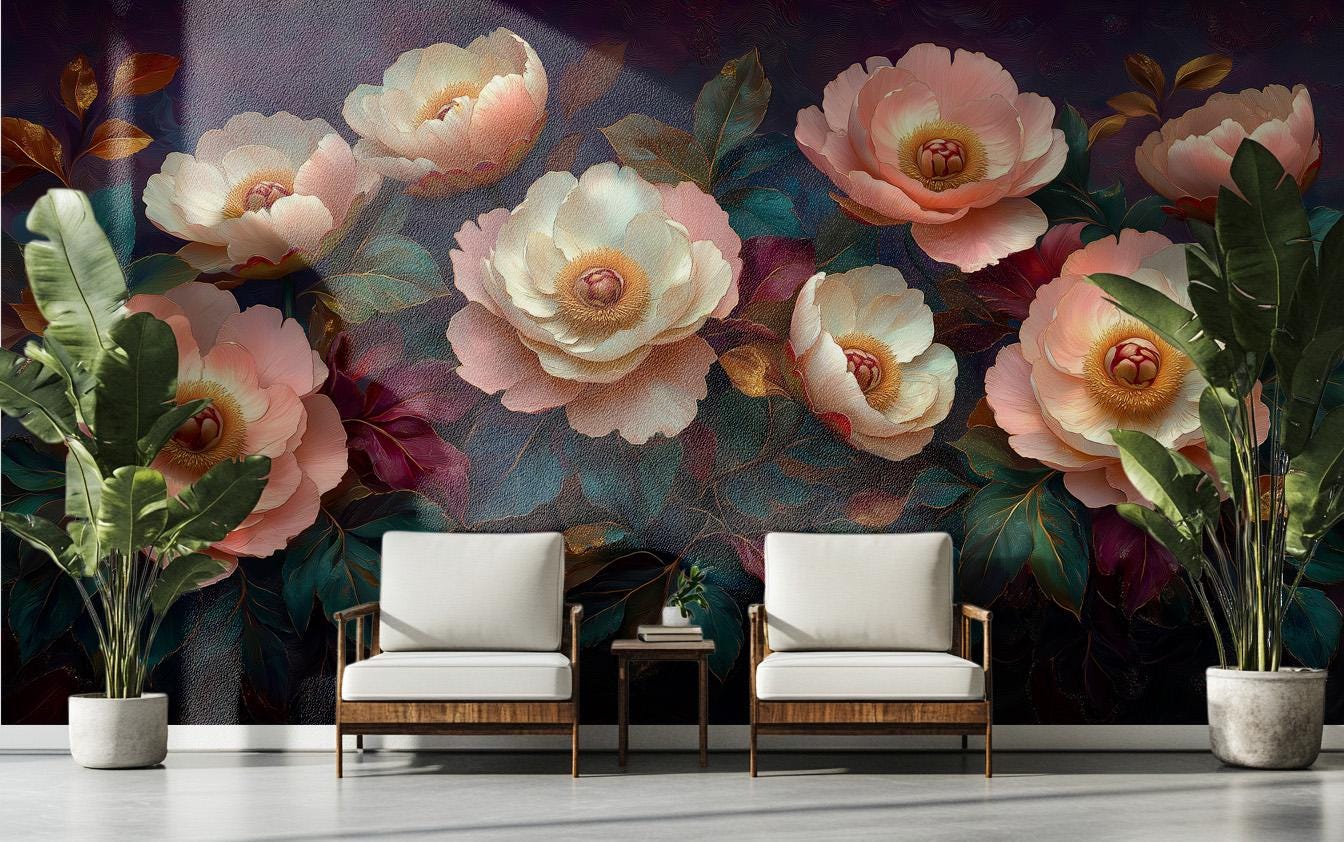 Luxurious 3D Floral Hyper Floral Wallpaper – room setting, Golden Era Walls