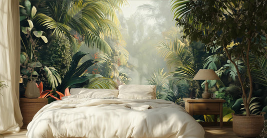 Lush Tropical Jungle Misty Floral Wallpaper – room setting, Golden Era Walls