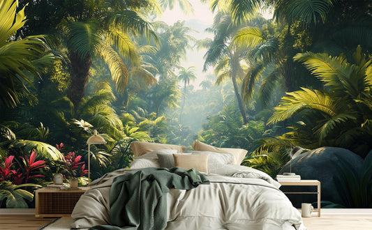 Lush Tropical Jungle Print Floral Wallpaper – peel and stick wallpaper mural, Golden Era Walls
