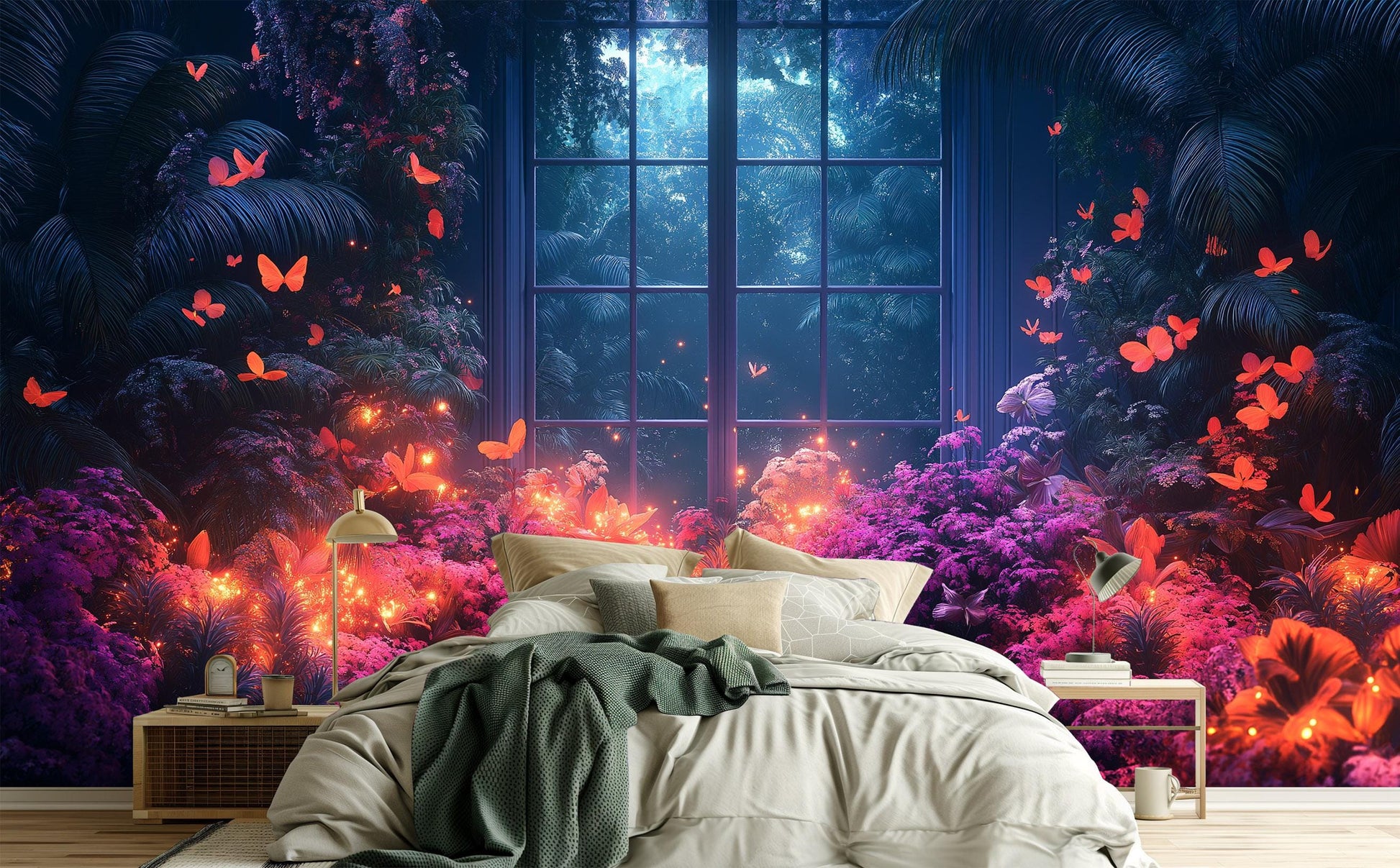 Luminous Tropical Flowers Butterflies Floral Wallpaper – peel and stick wallpaper mural, Golden Era Walls