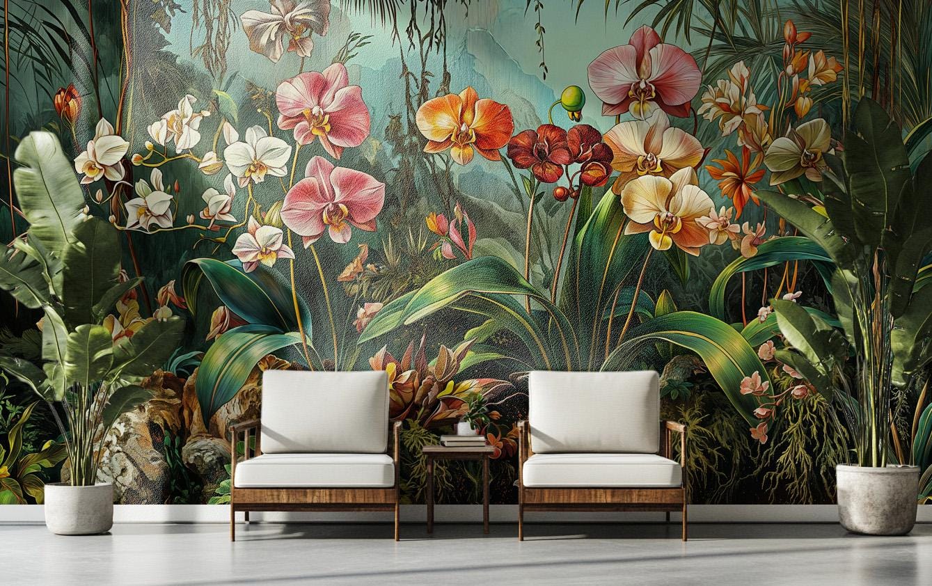 Exotic Orchid Garden Vintage Floral Wallpaper – detail view, Golden Era Walls