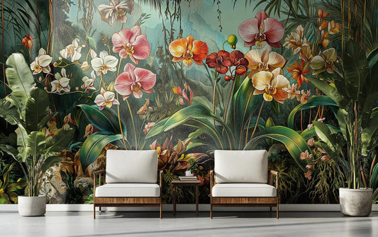 Exotic Orchid Garden Vintage Floral Wallpaper – detail view, Golden Era Walls