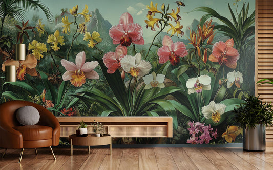 Exotic Orchid Garden Art Floral Wallpaper – peel and stick wallpaper mural, Golden Era Walls