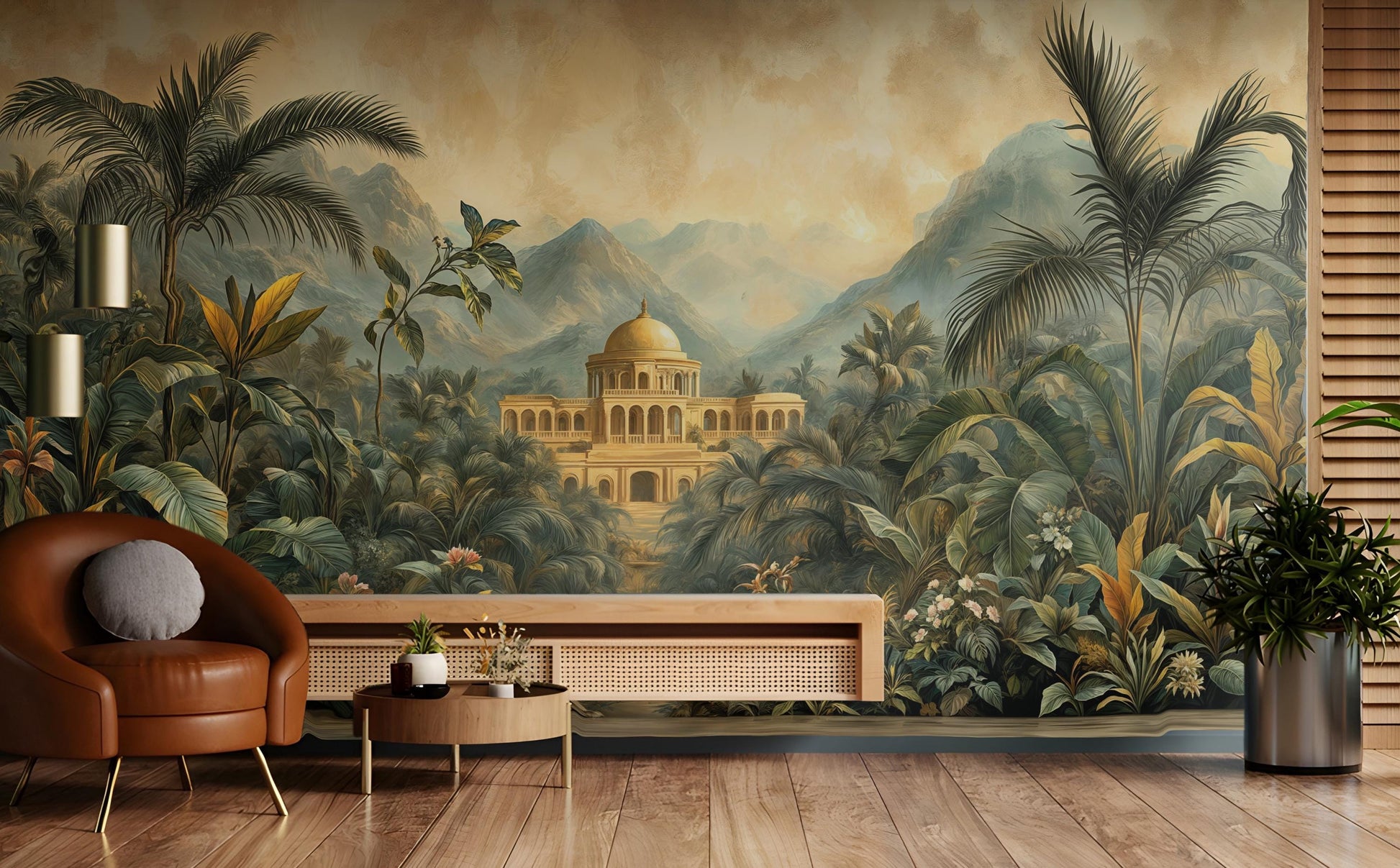 Exotic Jungle Palace Hand Floral Wallpaper – peel and stick wallpaper mural, Golden Era Walls