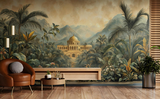 Exotic Jungle Palace Hand Floral Wallpaper – peel and stick wallpaper mural, Golden Era Walls