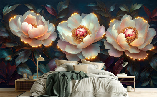 Elegant Glowing Peony Art Floral Wallpaper – peel and stick wallpaper mural, Golden Era Walls