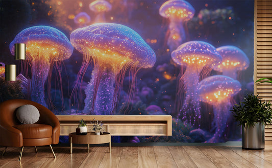 Dreamy Bioluminescent Jellyfish Deep Coastal Wallpaper – peel and stick wallpaper mural, Golden Era Walls